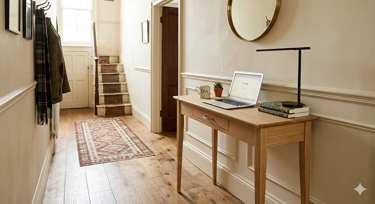 A modern oak desk under 40cm deep styled in a bright UK home office with a laptop and a small desk lamp. desk under 40cm deep