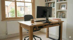 Wide-angle view of a modern solid oak computer desk placed in a light-filled British study area.