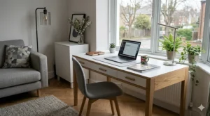 Three-quarter angle of a modern Scandi computer desk with a laptop and desk lamp, integrated into a contemporary UK lounge with neutral grey furnishings.