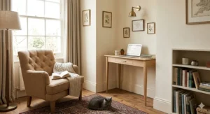 A white narrow desk under 40cm deep used as a console table in a slim British terrace hallway.