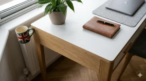 High-resolution close-up of the smooth white desktop and natural oak wood grain texture, featuring minimalist office accessories and natural light.