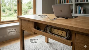 Discrete cable management ports on a solid oak desk to keep UK workstations tidy.