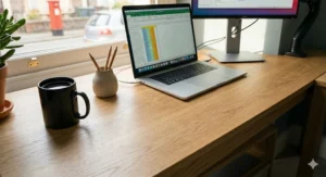 Detailed close-up of the natural timber grain and high-quality corner joinery of a light oak L-shaped office desk.