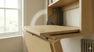 A light oak-effect wall-mounted fold-down desk styled with British decor in a neutral-toned living room.