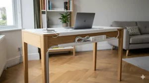 Rear-quarter view of the oak and white writing desk showing integrated cable management solutions, including a cable tray and tidies for a tidy home workspace.