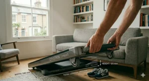 Close-up of a user lifting a compact treadmill by the handle to engage the transport wheels for easy storage.