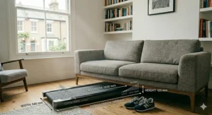 An ultra-quiet walking pad with a decibel meter graphic, ideal for noise-sensitive terrace houses or flats in the UK.