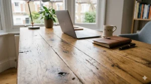 Close-up of the natural grain and knots on a rustic reclaimed pine desk surface.
