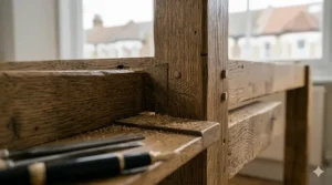 Reclaimed wood desk featuring rustic tabletop and black industrial steel legs.