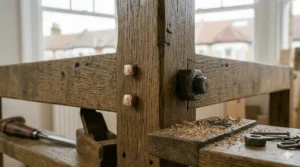 Rustic reclaimed wood desk styled with a desk lamp and house plants in a British study.