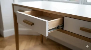 Functional storage drawers on an oak and white Scandi desk, shown partially open to reveal metal glides and solid wood interior construction.