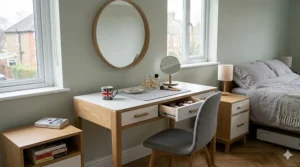 Photorealistic visualisation of the Scandinavian style desk in solid oak and white finish, styled with cosmetics as a bedroom dressing table in soft natural light.