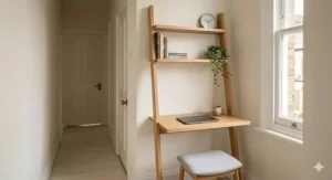 Minimalist Scandi-style ladder desk with shelving, ideal for narrow hallways or small flats.