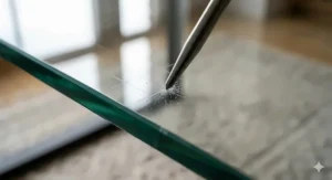 Illustration demonstrating the scratch-resistant surface of a premium tempered glass workstation.