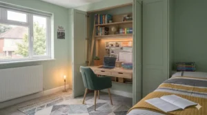 A small teenager's bedroom layout using a rug and slim desk to create a distinct zone for GCSE revision.