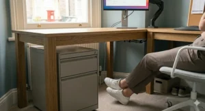 A low-angle shot showing the ample leg room and a grey metal filing cabinet tucked beneath an L-shaped oak desk.
