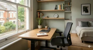 A compact ergonomic sit-stand desk adjusted for a small home office nook.