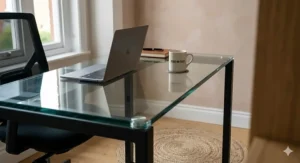 Compact tempered glass computer desk ideal for small flats or UK box rooms.