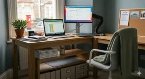 L-shaped oak desk with integrated shelving and linen storage boxes, featuring a note about UK tax deadlines on the wall.
