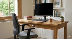 An organised solid oak workstation under £400 featuring a monitor, keyboard, and ergonomic office chair.