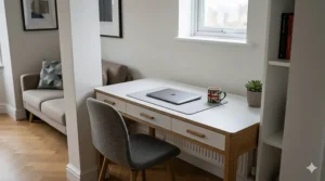 A compact oak and white Scandinavian desk positioned tightly in a small alcove of a modern UK flat, showing space-saving utility.
