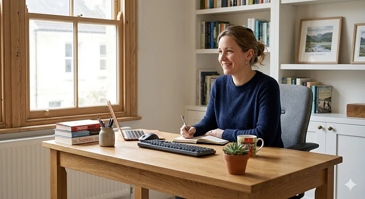 A high-quality solid oak computer desk styled in a modern UK home office with a laptop and a mug of tea. solid oak computer desk uk under 400