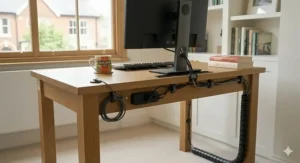 Rear view of a solid oak desk with integrated cable management for a tidy, professional home office setup.