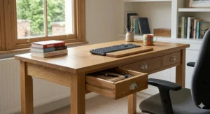 Close-up of a solid oak desk drawer with brushed metal handles and traditional wood grain finish.