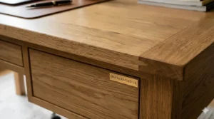Close-up of natural wood grain on a premium solid oak executive desk.