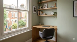 A white corner desk tucked into a small living room alcove to maximise floor space.
