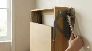 Illustration of the heavy-duty metal brackets and fixings used to secure a fold-down desk to a solid wall.