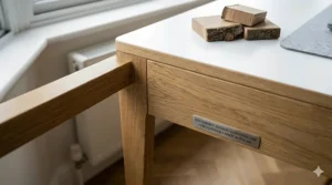 Photorealistic close-up view of the natural, sustainably sourced European oak frame and white desktop of the Scandinavian desk, emphasising the joinery and grain.
