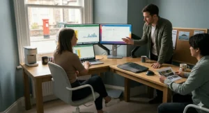 A small team of three people collaborating around an L-shaped desk in a modern, professional British office setting.