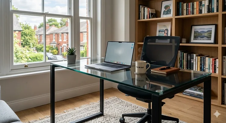 Modern tempered glass desk in a bright UK home office with a minimalist laptop setup and ergonomic chair. tempered glass desk