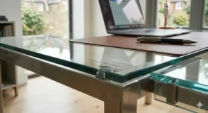 Close-up of a 12mm thick toughened tempered glass surface on a premium executive desk.