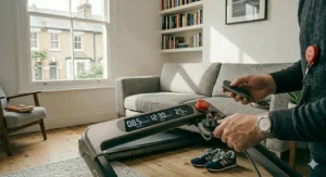 Close-up of a compact treadmill featuring a standard UK 3-pin plug and a red magnetic safety stop clip for user protection.