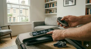A handheld remote control and integrated LED console showing speed in km/h on a compact walking machine.