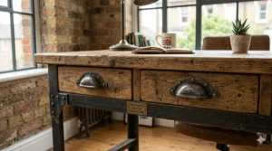 Detail of two wooden drawers on a vintage industrial desk featuring aged metal cup handles and a brass Bespoke British Furniture plaque.