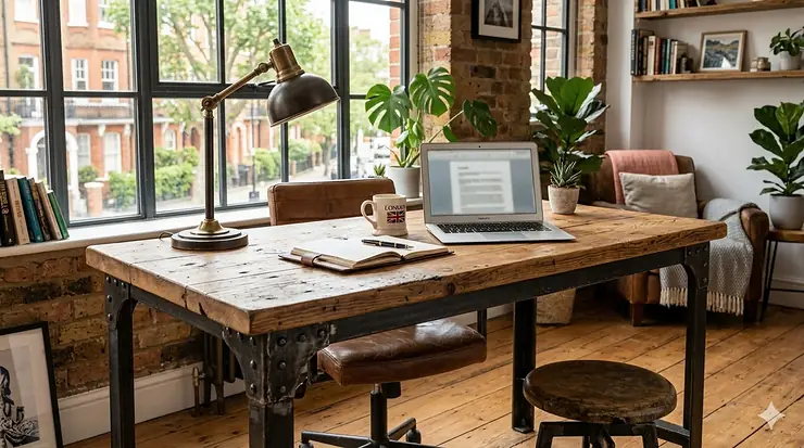 A vintage industrial desk with a reclaimed wood surface and dark metal legs, situated in a brightly lit London home office with a brass lamp and laptop. vintage industrial desk metal wood