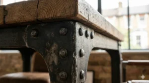 Close-up of the blackened steel leg and riveted corner bracket of an industrial desk, showing the sturdy connection to the thick wooden desktop.