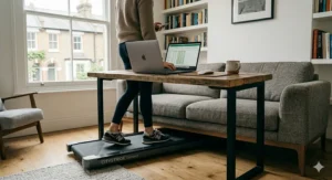 A person using a compact under desk treadmill while working on a laptop at a standing desk, highlighting a healthy WFH lifestyle.