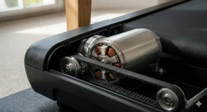 A photorealistic macro detail of the quiet electric motor mechanism inside the walking treadmill, featuring 'SILENT-DRIVE UK' text, bathed in soft, natural daylight.