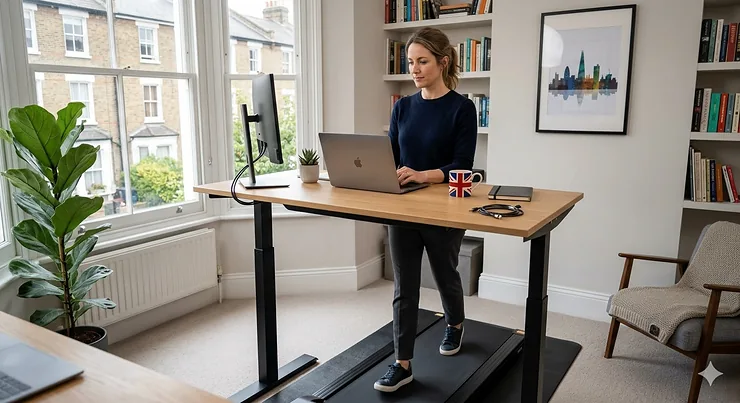 A professional photorealistic view of a British woman using a walking treadmill desk combo in a natural daylight-filled London home office with a Union Jack mug and skyline print. walking treadmill desk combo