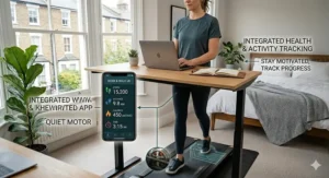 A photorealistic guide showing a 'WORK & WALK UK' smartphone app interface displaying integrated metrics like 'Steps 15,200' and 'Distance 9.8 KM' alongside the treadmill desk.