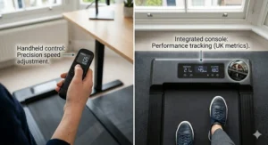 A photorealistic split-panel guide showing a hand adjusting speed on a wireless remote and the integrated console displaying UK metrics including 'Distance 2.1 KM' and 'Calories 180'.