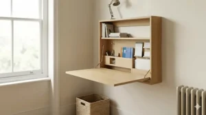 Close-up of a wall-mounted fold-down desk interior featuring integrated organisers for stationery and books.