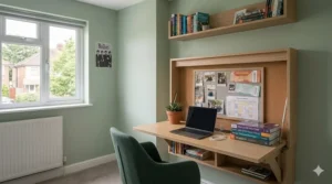 A minimalist wall-mounted fold-away desk in a grey teenager's room, shown in the open position for homework.