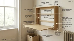 Technical drawing showing the height, width, and depth measurements of a standard wall-mounted fold-down desk.