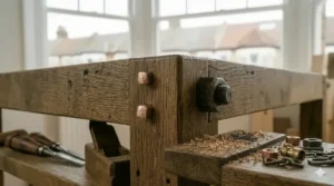 Weathered texture and unique patina of a reclaimed wood desk with a rustic aesthetic.