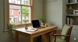 Photorealistic view of a solid oak computer desk by a traditional sash window in a British home office.